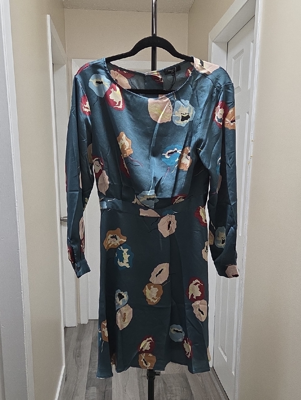 NWT FRNCH Teal Floral-Print Long-Sleeve Dress